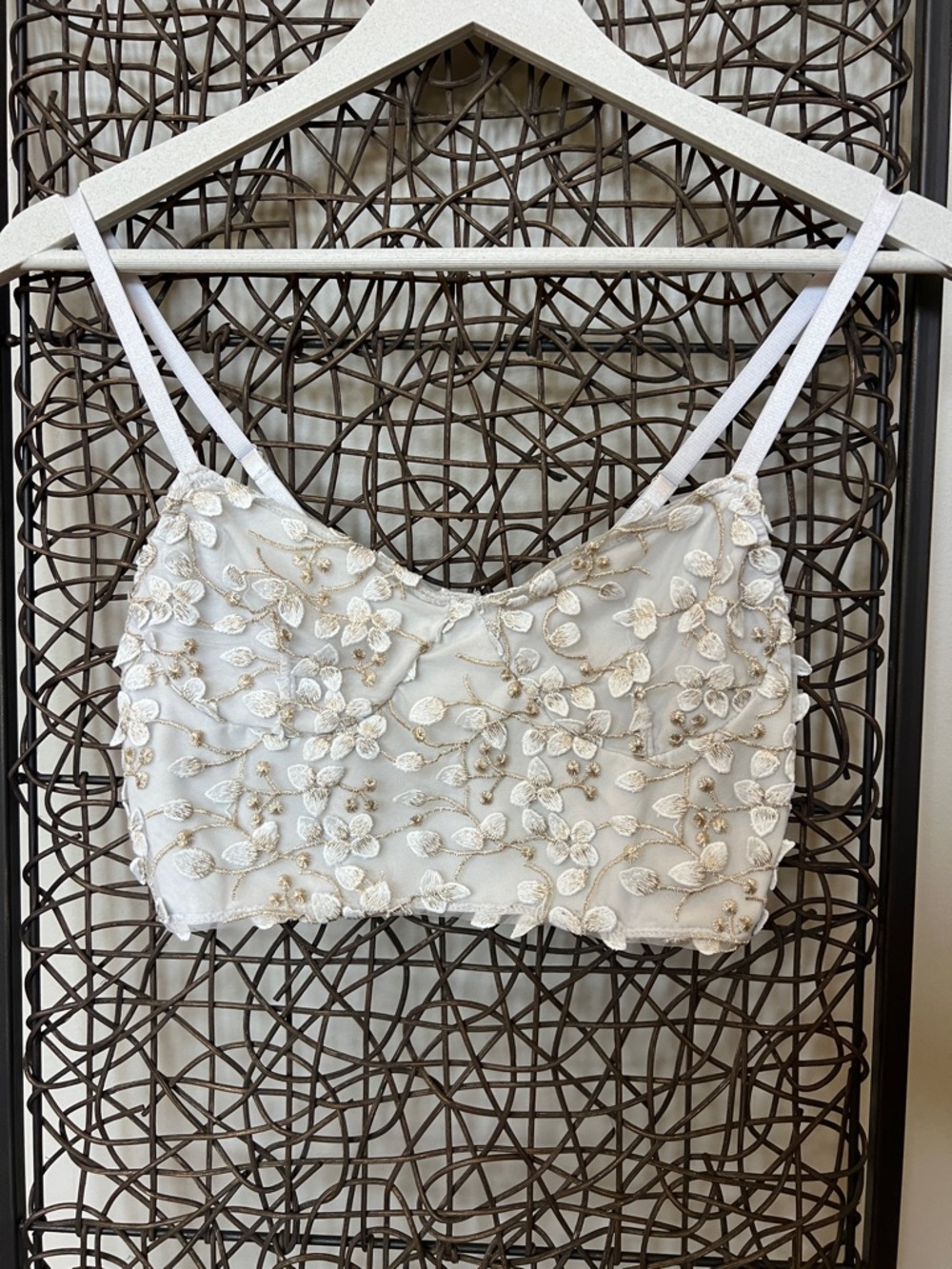 Romwe Bridal Camisole Crop Embroidered Lace Sheer Back White Gold Metallic S